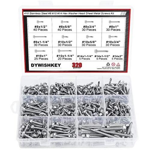 DYWISHKEY 320 Pieces 410 Stainless Steel #8#10#14 Hex Washer Head Self Drilling Sheet Metal Screws Assortment Kit