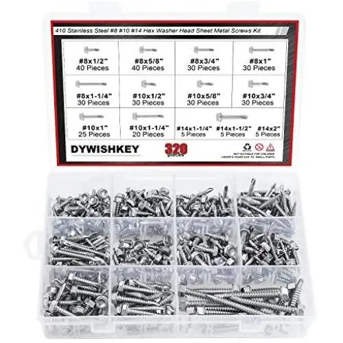 DYWISHKEY 320 Pieces 410 Stainless Steel #8#10#14 Hex Washer Head Self Drilling Sheet Metal Screws Assortment Kit DYWISHKEY 320 Pieces 410 Stainless Steel #8#10#14 Hex Washer Head Self Drilling Sheet Metal Screws Assortment Kit