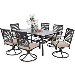 PHI VILLA Outdoor Patio Dining Set of 7 Metal Furniture Set, 6 Swivel Chairs with 1 Rectangular Umbrella Table for Patio Lawn Garden, Classic Black