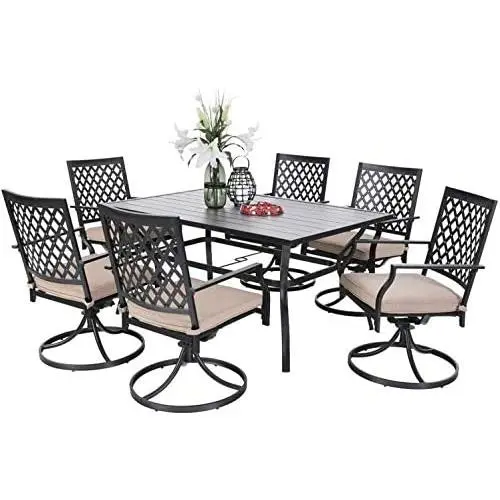 PHI VILLA Outdoor Patio Dining Set of 7 Metal Furniture Set, 6 Swivel Chairs with 1 Rectangular Umbrella Table for Patio Lawn Garden, Classic Black PHI VILLA Outdoor Patio Dining Set of 7 Metal Furniture Set, 6 Swivel Chairs with 1 Rectangular Umbrella Table for Patio Lawn Garden, Classic Black