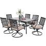 PHI VILLA Outdoor Patio Dining Set of 7 Metal Furniture Set, 6 Swivel Chairs with 1 Rectangular Umbrella Table for Patio Lawn Garden, Classic Black