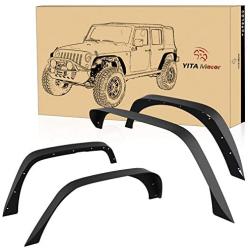 YITAMOTOR Steel Fender Flares Kit Compatible for 2007-2018 Jeep Wrangler Unlimited JK (2/4 Doors), Heavy-duty Off Road Style Front Rear Flat, 4 Pack, Black