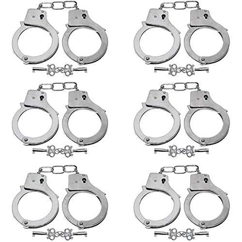 Liberty Imports Heavy Duty Diecast Metal Stainless Steel Handcuffs with Keys - Bulk Party Favors for Police Role Play (6 Pack)