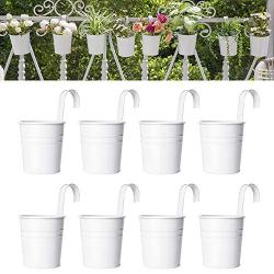 Dahey 8 Pcs Hanging Flower Pots Metal Iron Bucket Planter for Railing Fence Balcony Garden Home Decoration Flower Holders with Detachable Hooks, White, 4 Inches