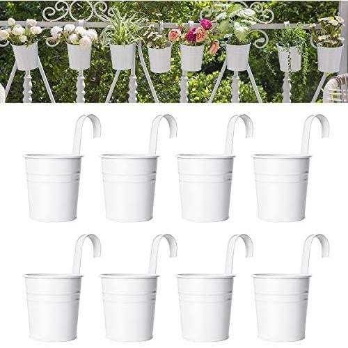 Dahey 8 Pcs Hanging Flower Pots Metal Iron Bucket Planter for Railing Fence Balcony Garden Home Decoration Flower Holders with Detachable Hooks, White, 4 Inches