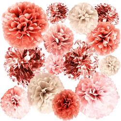 VINANT 20 PCS Rose Gold Party Decorations - Metallic Foil and Tissue Paper Pom Poms - Birthday Party Decoration - Baby Shower - Bridal Shower - Bachelorette - Garden Party - 14'', 10'', 8'', 6''