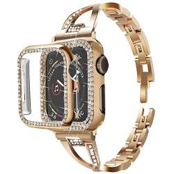 Bekomo Compatible with apple watch Band 38mm 42mm 40mm 44mm,1 pack bling Jewelry women Metal Strap and 2 pack Soft PC Bumper Protective Case Replacement for iWatch Series 5/4/3/2/1.