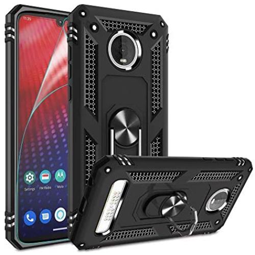 Moto Z4 Case, Moto Z4 Play Case with HD Screen Protector,Gritup 360 Degree Rotating Metal Ring Holder Kickstand Armor Anti-Scratch Bracket Cover Phone Case for Motorola Moto Z4 Force Black