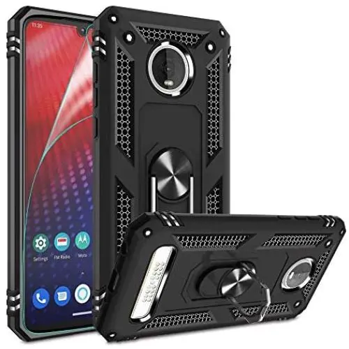 Moto Z4 Case, Moto Z4 Play Case with HD Screen Protector,Gritup 360 Degree Rotating Metal Ring Holder Kickstand Armor Anti-Scratch Bracket Cover Phone Case for Motorola Moto Z4 Force Black