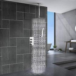 Ceiling Mounted Shower System-Polished Chrome Shower Combo Set with 12 Inches Square Rain Shower Head, Handheld and Shower Faucet Rough-in Mixer Valve and Trim