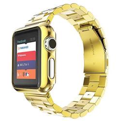 HUANLONG Compatible with Apple Watch Band, Solid Stainless Steel Metal Strap Band w/Adapter+Case Cover for Apple Watch iWatch 38mm (H Gold 38mm)