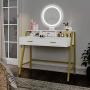 Tiptiper Vanity Table Set with Lighted Mirror & 3 Color Lighting Modes, Makeup Vanity Desk with 2 Large Drawers & Desktop Shelf, Elegant Dressing Table with Metal Frame for Women Girls, Gold & White