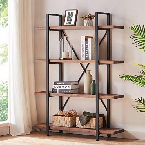 HSH Solid Wood Bookshelf, 4 Tier Rustic Vintage Industrial Etagere Bookcase, Open Metal Farmhouse Book Shelf, Distressed Brown