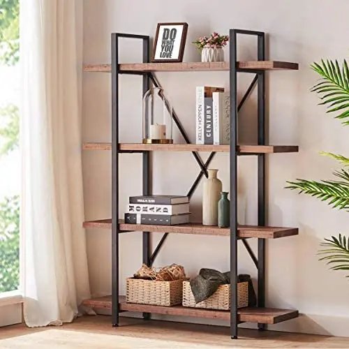 HSH Solid Wood Bookshelf, 4 Tier Rustic Vintage Industrial Etagere Bookcase, Open Metal Farmhouse Book Shelf, Distressed Brown HSH Solid Wood Bookshelf, 4 Tier Rustic Vintage Industrial Etagere Bookcase, Open Metal Farmhouse Book Shelf, Distressed Brown