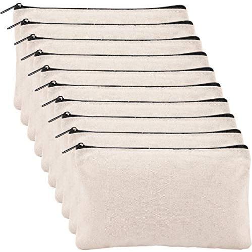 Apipi 10 Pack Blank DIY Craft Bag Canvas Pen Pencil Case- Cotton Canvas Invoice Bill Bag Makeup Bag Cosmetic Bag Multipurpose Travel Toiletry Pouch with Black Zipper 7.5 x 5 inches