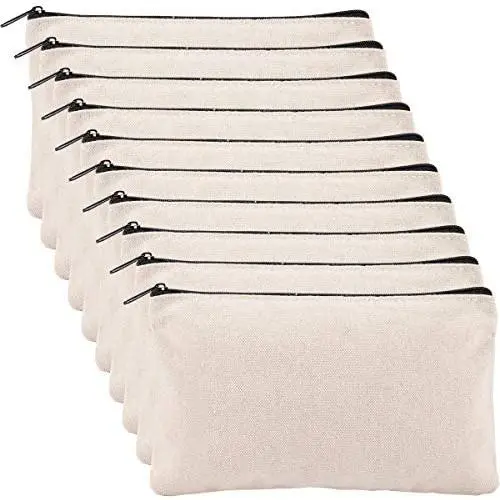 Apipi 10 Pack Blank DIY Craft Bag Canvas Pen Pencil Case- Cotton Canvas Invoice Bill Bag Makeup Bag Cosmetic Bag Multipurpose Travel Toiletry Pouch with Black Zipper 7.5 x 5 inches