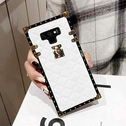 BabeMall Compatible for Samsung Galaxy Note 9 Case, Luxury Diamond Design Metal Gold Four Corner Protective Square Anti-Fall PU Leather Back Classic TPU Bumper Case - White