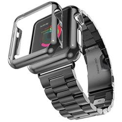 HUANLONG Compatible with Apple Watch Band, Solid Stainless Steel Metal Strap Band w/Adapter+Case Cover for Apple Watch iWatch 38mm (H Black 38mm)