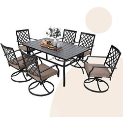 MFSTUDIO 7-Piece Metal Outdoor Patio Dining Bistro Set with 6 Swivel Armrest Chairs and Steel Frame Slat Larger Rectangular Table with 1.57“ Umbrella Hole,1 Table and 6 Backyard Garden Swivel Chairs