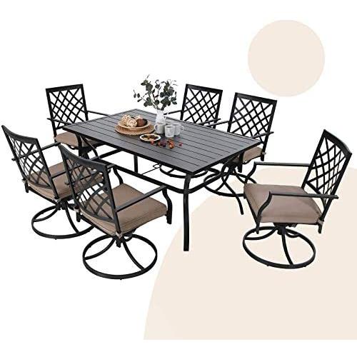 MFSTUDIO 7-Piece Metal Outdoor Patio Dining Bistro Set with 6 Swivel Armrest Chairs and Steel Frame Slat Larger Rectangular Table with 1.57“ Umbrella Hole,1 Table and 6 Backyard Garden Swivel Chairs
