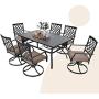 MFSTUDIO 7-Piece Metal Outdoor Patio Dining Bistro Set with 6 Swivel Armrest Chairs and Steel Frame Slat Larger Rectangular Table with 1.57“ Umbrella Hole,1 Table and 6 Backyard Garden Swivel Chairs