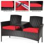 Tangkula Outdoor Rattan Loveseat, Patio Conversation Set with Cushions & Table, Modern Patio Furniture Set Wicker Sofa Set with Built-in Coffee Table, Rattan Sofas for Garden Lawn Backyard