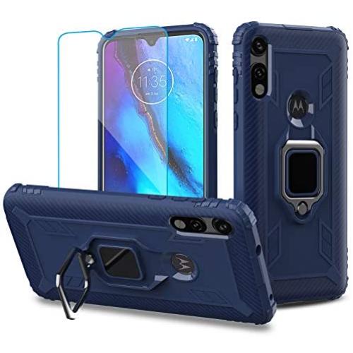 Newseego Compatible with Motorola Moto E 2020 Case with Tempered Glass Screen Protector 【1 Pack】 Metal Ring Holder Kickstand Work with Magnetic Car Mount Shockproof Protective Soft Cover-Blue
