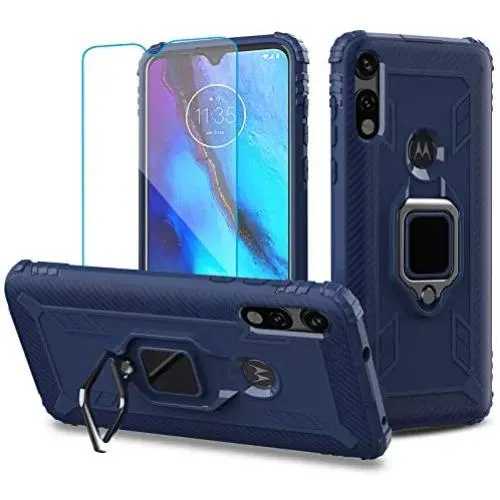 Newseego Compatible with Motorola Moto E 2020 Case with Tempered Glass Screen Protector 【1 Pack】 Metal Ring Holder Kickstand Work with Magnetic Car Mount Shockproof Protective Soft Cover-Blue