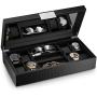 Glenor Co Watch and Sunglasses Box with Valet Tray for Men -14 Slot Luxury Display Case Organizer, Black Carbon Fiber Design for Mens Jewelry Watches, Mens Storage Holder w Large Mirror, Metal Buckle