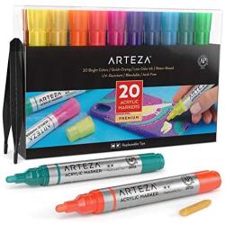 Arteza Acrylic Paint Markers, Set of 20 Assorted Color Pens, Replaceable Tips, Water-Based, for Rocks, Canvas, Glass, ,Pottery and Plastic