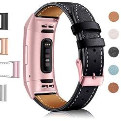 Hotodeal Leather Band Compatible Charge 3, Classic Replacement Genuine Leather Bands Metal Connectors Women Men Small Large Size Silver, Rose Gold, Black