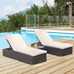 Outsunny 3-Piece Rattan Wicker Patio Chaise Lounge Set with 5 Backrest Angles, Thick Cushions, & Matching Table, Brown