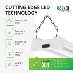 Sunco Lighting 4 Pack LED Utility Shop Light, 4 FT, Linkable Integrated Fixture, 40W=260W, 5000K Daylight, 4500 LM, Clear Lens, Surface/Suspension Mount, Pull Chain, Garage - ETL, Energy Star