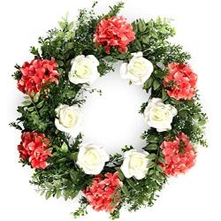 flybold Spring Wreaths Front Door Wreath Outdoor Summer Wreaths 23 Inch Large with Artificial Pink Hydrangea Flower and White Rose Welcome Decor for All Seasons