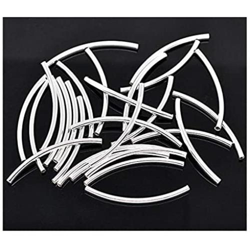 100 Pieces 3mm by 50mm Silver Plated Metal Long Curved Noodle Tube Beads