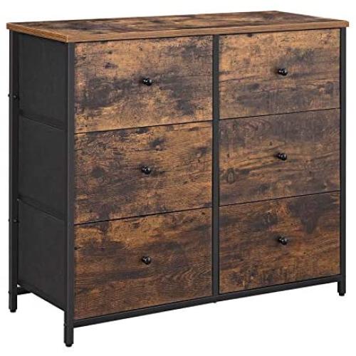 SONGMICS Rustic Drawer Dresser, Wide Storage Dresser with 6 Fabric Drawers, Industrial Closet Storage Drawers with Metal Frame, Wooden Top and Front, Rustic Brown and Black ULGS23H