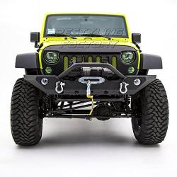 Restyling Factory -Black Textured Front Bumper With Fog Lights Hole & 2x D-Ring & Winch Plate for 07-18 Wrangler JK