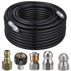 Tool Daily Sewer Jetter Kit for Pressure Washer, 100 FT Hose, 1/4 Inch NPT, Corner, Rotating and Button Nose Sewer Jetting Nozzle, 4400 PSI