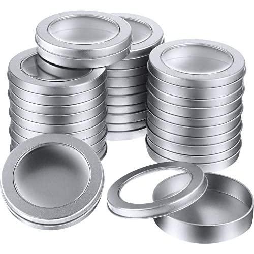 4 oz Metal Tin Cans Round Tin Containers Empty Tin Cans with Clear Top for Kitchen Office Candles Candies and Gifts Holding (24 Pieces)