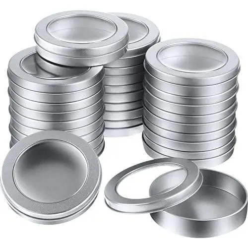4 oz Metal Tin Cans Round Tin Containers Empty Tin Cans with Clear Top for Kitchen Office Candles Candies and Gifts Holding (24 Pieces) 4 oz Metal Tin Cans Round Tin Containers Empty Tin Cans with Clear Top for Kitchen Office Candles Candies and Gifts Holding (24 Pieces)