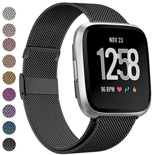 MEFEO Compatible with Fitbit Versa Bands, Stainless Steel Metal Band Mesh Bracelet with Strong Magnet Lock Wristbands Replacement for Fitbit Versa/Versa 2/Versa Lite/SE (Black, Small)
