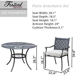 Festival Depot 5 Piece Outdoor Furniture Patio Dining Set All Weather Bistro Chairs with Seat Cushions, Round Metal Table with Umbrella Hole for Deck Lawn Garden Black (Beige)