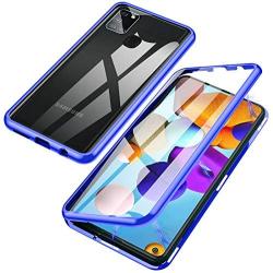 Jonwelsy Magnetic Adsorption Case for Samsung Galaxy A21S, 360 Degree Front and Back Clear Tempered Glass Flip Cover, Metal Bumper Frame for Samsung Galaxy A21S (Blue)