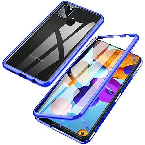 Jonwelsy Magnetic Adsorption Case for Samsung Galaxy A21S, 360 Degree Front and Back Clear Tempered Glass Flip Cover, Metal Bumper Frame for Samsung Galaxy A21S (Blue)