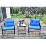 Grepatio 3 Piece Rocking Bistro Set, Modern Wicker Patio Furniture Sets, Outdoor Rattan Chair Conversation Sets with Coffee Table for Yard and Bistro (D: Brown and Blue)