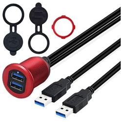 Kework Metal Dual USB 3.0 Ports Mount with Light, 3.3ft 2 Ports USB Male to 2 Ports Female Flush Mount Panel Mount Extension AUX Cable for Car Truck Boat Motorcycle Dashboard (Red & 3.3ft)