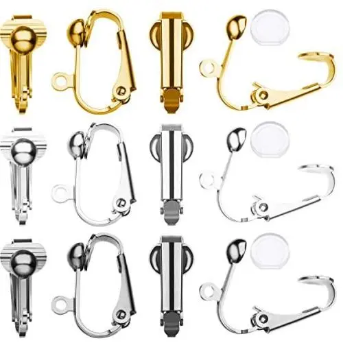 30 Pieces Clip-on Earring Converters Non-pierced Earring Findings Dangle Earring Clips with Easy Open Loop and Silicone Earring Pads for Daily Accessory, 3 Colors (Style A)