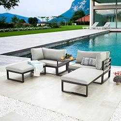 LOKATSE HOME 5 Pieces Patio Furniture Conversation Metal Sofa Set Outdoor All Weather Chaise Lounge Cushioned Chairs with Ottoman Table, Grey