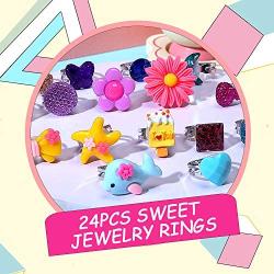 PinkSheep Little Girl Jewel Rings in Box, Adjustable, No Duplication, Girl Pretend Play and Dress Up Rings (24 Lovely Ring)