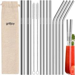 grilljoy 13pc Reusable Metal Straws with 2 Cleaning Brushes - Various Stainless Steel Straws with 4 Straight 4 Bent 2 Boba Straws - Eco Friendly Drinking Straws with Case for Great Christmas Gifts